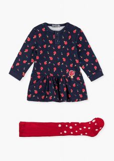 Conjunto de vestido de manga larga cuello caja y leotardo para bebé niña