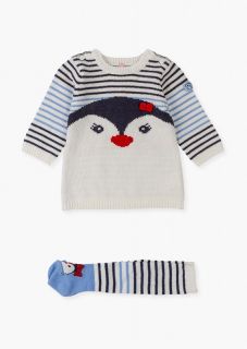 Conjunto de vestido con pingüino y leotardos de rayas para recién nacida
