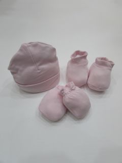 Set Regalo 3 piezas en Rosa para bebé (Gorro, Manoplas y Peucos)