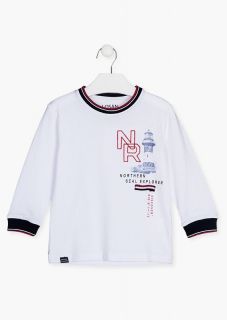 Camiseta con puños y cuello en tejido de canalé de rayas para niño
