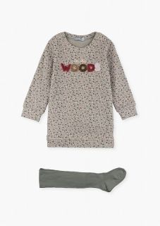 Conjunto de vestido estampado con parches y leotardo para niña