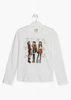 Camiseta de manga larga de color natural para chica
