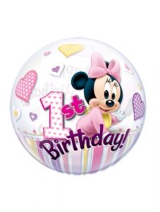Globo bubble Minnie 1º cumpleaños rosa