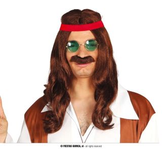 Peluca hippie con cinta y bigote