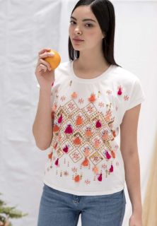 Camiseta Miss Sidecar blanca pompones